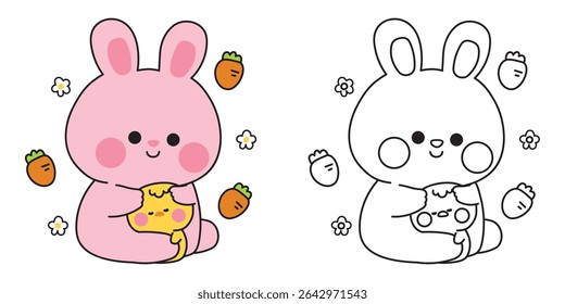 Coloring pages.Cute rabbit doll hug tiny chicken with flower and carrot.Friend.Love.Farm bird and rodent animal character cartoon.Painting book.Kawaii.Vector.Illustration.