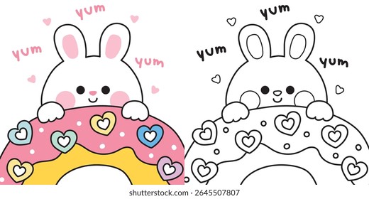 Coloring pages.Cute rabbit stay on heart candy strawberry flavor donut.Sweet and dessert.Bakery.Rodent animal character cartoon design.Painting book.Kawaii.Vector.Illustration.