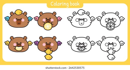 Coloring pages.Cute round shape capybara have wing fly with lemon.Angle.Mammal animal character cartoon.Painting book.Kawaii.Vector.Illustration.