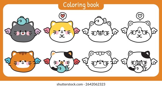 Coloring pages.Cute round shape cats have wing fly with fish.Angle.Pet animal character cartoon.Painting book.Kawaii.Vector.Illustration.