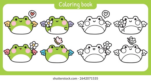 Coloring pages.Cute round shape frog have wing fly with heart flower and butterfly.Angle.Reptile animal character cartoon.Painting book.Kawaii.Vector.Illustration.