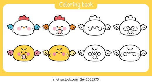 Coloring pages.Cute round shape hen and chicken have wing fly with egg.Angle.Farm bird animal character cartoon.Painting book.Kawaii.Vector.Illustration.