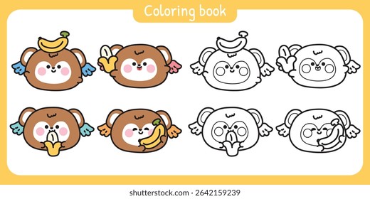 Coloring pages.Cute round shape monkey have wing fly with banana fruit.Angle.Wild animal character cartoon.Painting book.Kawaii.Vector.Illustration.