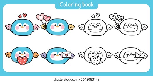 Coloring pages.Cute round shape penguin have wing fly with heart balloon and paper mail.Angle.Polar bird animal character cartoon.Painting book.Kawaii.Vector.Illustration.