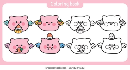 Coloring pages.Cute round shape pig have wing fly with cupcake strawberry.Angle.Farm animal character cartoon.Painting book.Kawaii.Vector.Illustration.