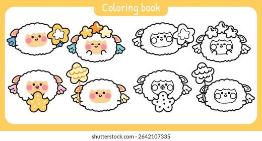 Coloring pages.Cute round shape sheep have wing fly with star balloon.Angle.Farm animal character cartoon.Painting book.Kawaii.Vector.Illustration.