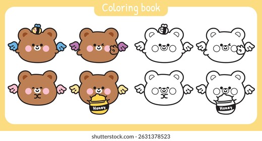 Coloring pages.Cute round shape teddy bear have wing fly with bee and honey.Angle.Wild animal character cartoon.Painting book.Kawaii.Vector.Illustration.
