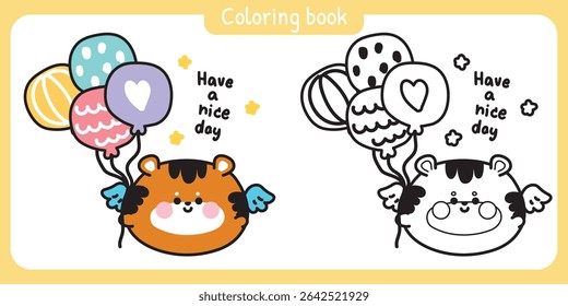 Coloring pages.Cute round shape tiger have wing fly with balloon.Have a nice day text with star.Angle.Wild animal character cartoon.Painting book.Kawaii.Vector.Illustration.