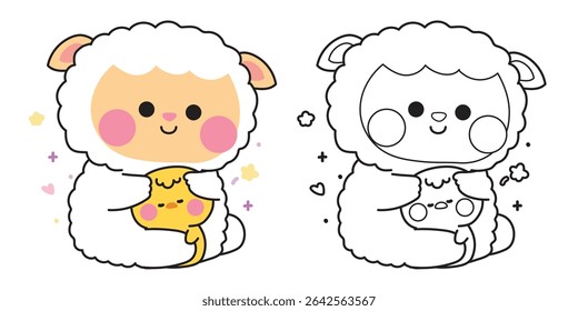 Coloring pages.Cute sheep doll hug tiny chicken with heart and star.Friend.Love.Farm and bird animal character cartoon design.Painting book.Kawaii.Vector.Illustration.