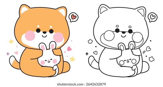 Coloring pages.Cute shiba inu dog doll hug tiny rabbit.Friend.Love.Japanese pet and rodent animal character cartoon design.Painting book.Kawaii.Vector.Illustration.