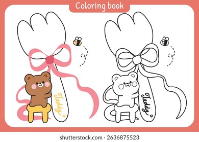 Coloring pages.Cute teddy bear and bee stand on chair to hold big fork with bow ribbon.Eating.Wild animal character cartoon design.Painting book.Kawaii.Vector.Illustration.