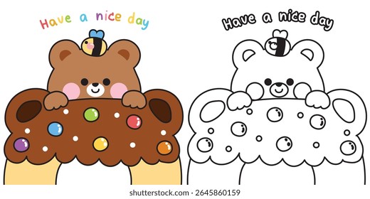Coloring pages.Cute teddy bear with bee stay on candy chocolate flavor donut.Sweet and dessert.Bakery.Have a nice day.Wild animal character cartoon design.Painting book.Kawaii.Vector.Illustration.