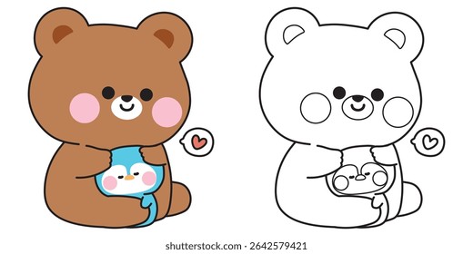Coloring pages.Cute teddy bear doll hug tiny penguin with heart.Friend.Love.Wild and polar bird animal character cartoon design.Painting book.Kawaii.Vector.Illustration.