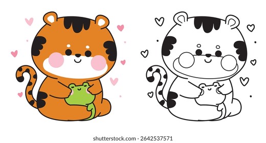 Coloring pages.Cute tiger doll hug tiny frog with heart.Friend.Love.Reptile and wild animal character cartoon design.Painting book.Kawaii.Vector.Illustration.