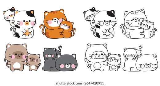 Colorindo pages.No1.Set de gato mãe bonito e gato bebê em vários poses.Kitten.Meow.Mother day.Love.Pet animal personagem desenho animado.Pintura book.Kawaii.Vetor.Illustration.