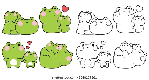 Colorindo pages.No1.Set de sapo mãe bonito e sapo bebê em várias poses.Mother day.Love.Heart.Reptile personagem animal desenho animado.Pintura book.Kawaii.Vetor.Illustration.