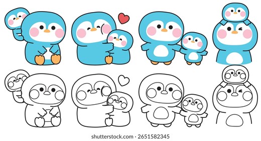 Coloring pages.No1.Set of cute mom penguin and baby in various poses.Mother day.Love.Arctic,polar,north pole.Bird animal character cartoon design.Painting book.Kawaii.Vector.Illustration.