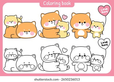 Coloring pages.No1.Set of cute mom shiba inu dog and baby in various poses.Mother day.Love.Heart.Japanese pet animal character cartoon design.Painting book.Kawaii.Vector.Illustration.