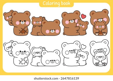 Colorir pages.No1.Set de ursinho de pelúcia mãe bonito e urso bebê em vários poses.Mother day.Love.Heart.Wild personagem animal design.Painting book.Kawaii.Vetor.Illustration.