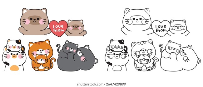 Colorir pages.No2.Conjunto de gato mãe bonito e gato bebê em vários poses.Kitten.Meow.Mother day.Love.Pet animal personagem desenho animado.Pintura book.Kawaii.Vetor.Illustration.