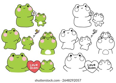 Colorindo pages.No2.Set de sapo mãe bonito e sapo bebê em várias poses.Mother day.Love.Heart.Reptile personagem animal desenho animado.Pintura book.Kawaii.Vetor.Illustration.