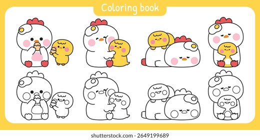 Coloring pages.No2.Set of cute mom hen and baby chicken in various poses.Mother day.Love.Fried egg.Farm bird animal character cartoon design.Painting book.Kawaii.Vector.Illustration.