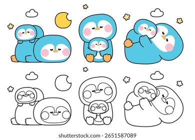 Coloring pages.No2.Set of cute mom penguin and baby in sleeping night poses.Moon star and cloud.Mother day.Love.Arctic,polar,north pole.Bird animal character cartoon design.Painting book.Kawaii.