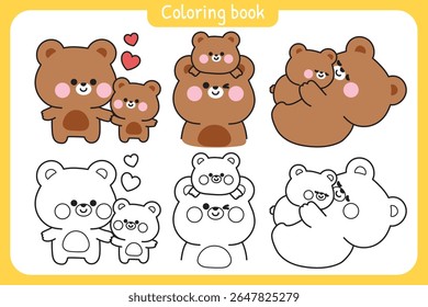 Coloring pages.No2.Set of cute mom teddy bear and baby bear in various poses.Mother day.Love.Heart.Wild animal character cartoon design.Painting book.Kawaii.Vector.Illustration.