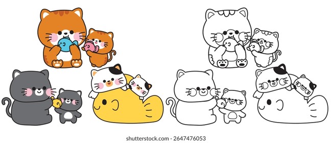 Colorir pages.No3.Set de gato mãe bonito e gato bebê em vários poses.Kitten.Meow.Mother day.Love.Pet personagem animal desenho animado.Pintura book.Kawaii.Vetor.Illustration.