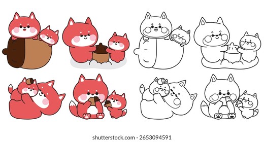 Colorir pages.No3.Set de fofo mãe raposa e bebê em várias poses com bolota.Neve e inverno.Mãe dia.Amor.Personagem animal selvagem desenho animado.Pintura book.Kawaii.Vetor.Ilustração.