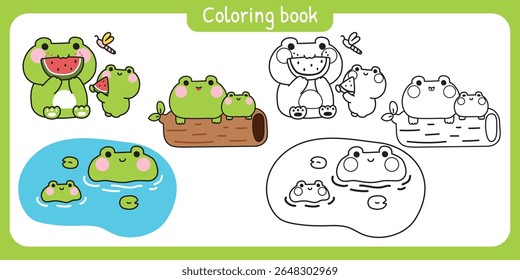 Colorir pages.No3.Set de sapo mãe bonito e sapo bebê em várias poses.Mother day.Love.River,melancia,libélula,log.Reptile animal personagem desenho animado.Pintura book.Kawaii.Vetor.Illustration.