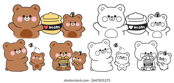 Colorir pages.No3.Set de ursinho de pelúcia mãe bonito e urso bebê em várias poses com mel e abelha.Mãe day.Love.Heart.Wild personagem animal desenho animado.Pintura book.Kawaii.Vetor.Ilustração.