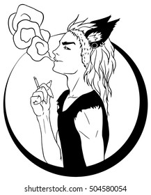 Coloring pages.Vector. Black and white illustration of guy oriental style 