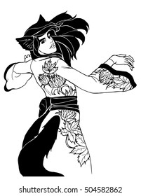 Coloring pages.Vector. Black and white illustration of girl in oriental style