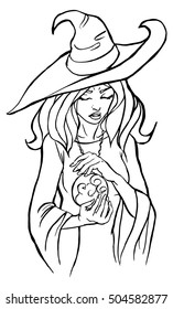 Coloring pages.Vector. Black and white illustration of witch