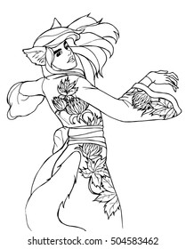 Coloring pages.Vector. Black and white illustration of girl in oriental style