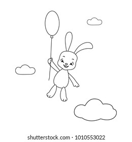 Coloring page.Vector illustration of cute bunny with balloon.