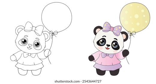 Coloring panda girl, vector panda color black and white