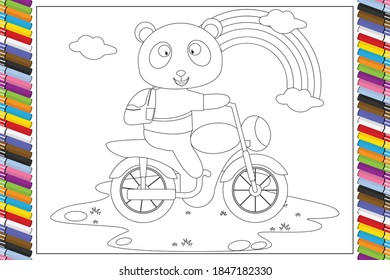 coloring panda with motorcycle animal cartoon for kids, simple vector illustration