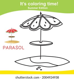 Coloring parasol worksheet page. Educational printable coloring worksheet. Additional worksheet for kids. Vector illustration in cartoon style.