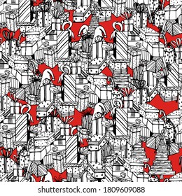 Coloring pattern with a Christmas tree, boxes with gifts. Festive drawing for children and adults. Christmas. Birthday. One of a series of handmade liner graphics. For wallpaper, textile, design.