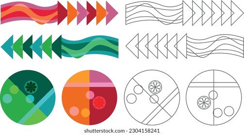 Coloring. Pattern with geometric elements. Colored circle. Wave triangles. Antistress.