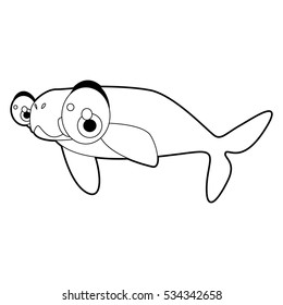 coloring pattern page. Funny cute cartoon sea animals. Dugong