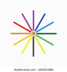 Coloring Pencils Set Vector in circle composition isolated on light grey background