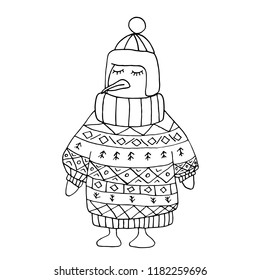 Coloring penguin without color in winter christmas pullover and cap. Ornamental sweater on a pinguin. Coloring character.