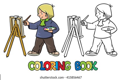Coloring picture or coloring book of funny artist or painter with paintbrush and palette at the easel.  Profession ABC series. Children vector illustration.
