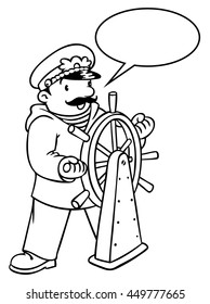Coloring picture or coloring book of funny captain or sailor, or yachtsman in coat, at the helm. Profession series. Children vector illustration. With balloon for text.