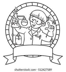 Coloring picture or coloring book of funny chemist or scientist. A woman in glasses dressed in a lab coat and gloves with smocking retort or vial. Profession series. Childrens vector illustration.