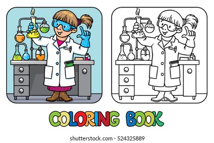 Coloring picture or coloring book of funny chemist or scientist. A woman in glasses dressed in a lab coat and gloves with smocking retort or vial. Profession series. Childrens vector illustration.
