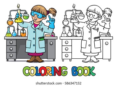 Coloring picture or coloring book of funny chemist or scientist. A woman in glasses dressed in a lab coat and gloves with smocking retort or vial. Profession series. Childrens vector illustration.